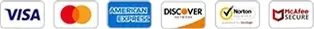 Accepted payment methods including Visa, Mastercard, American Express, Discover, and verified Norton and McAfee security badges.