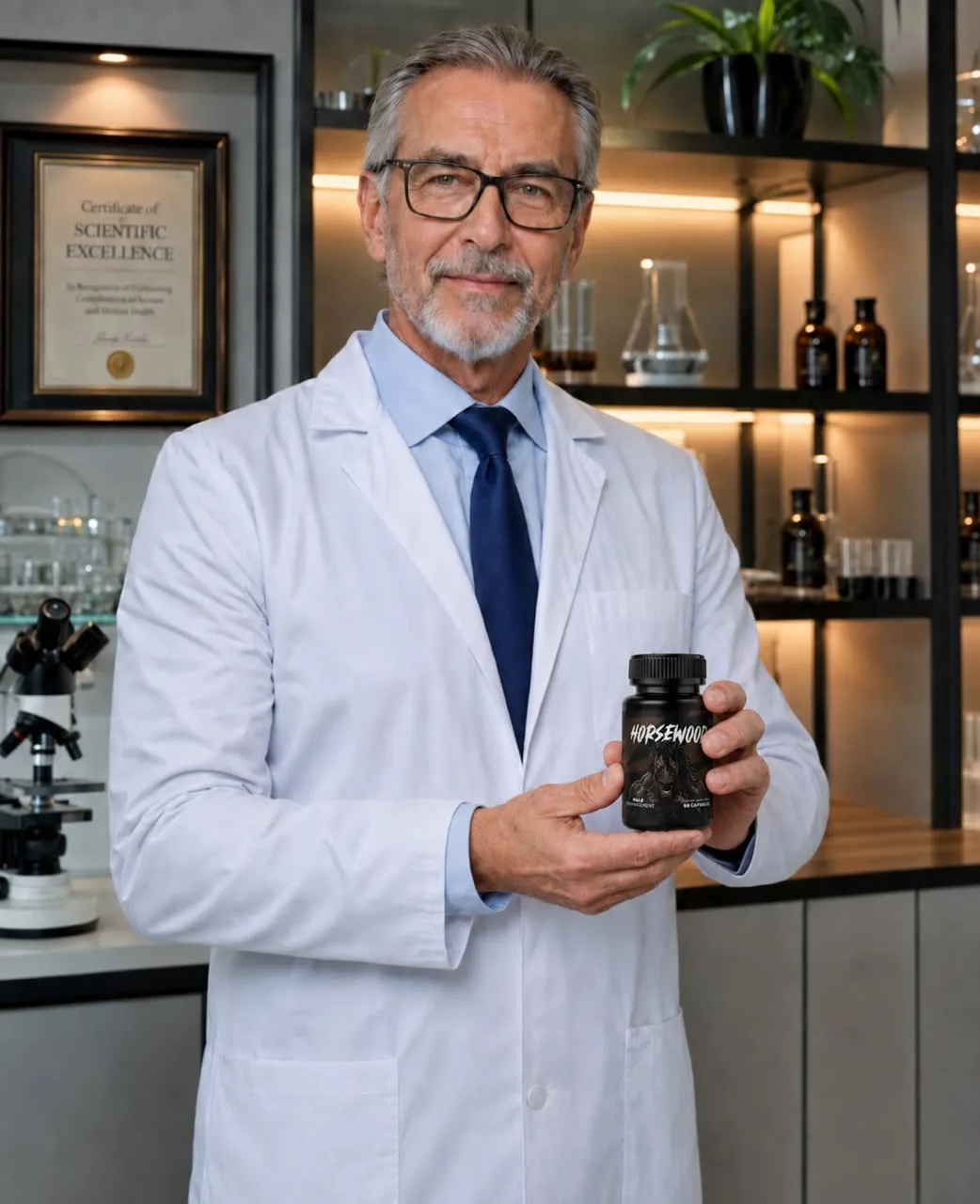 Professional male researcher in a modern laboratory holding a bottle of Horsewood vitality supplement