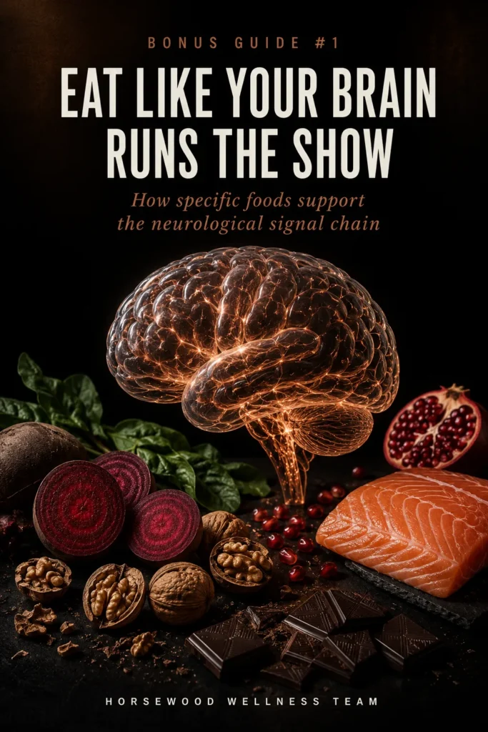 Digital bonus cover image titled Eat Like Your Brain Runs The Show, explaining how specific foods support neurological signals for daily male energy.