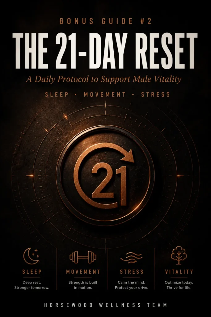 Cover of digital bonus guide The 21-Day Reset, outlining a daily protocol for sleep, movement, and stress management for male vitality.