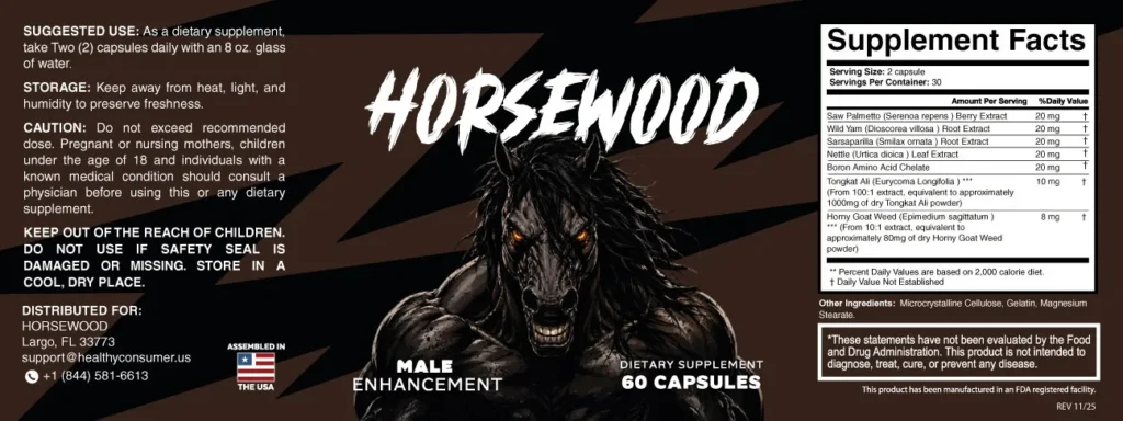 Complete supplement facts and ingredients label for Horsewood capsules, showing dosage and botanical extracts.