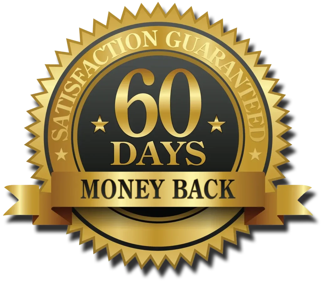 Official golden 60 days 100% money back guarantee badge for Horsewood male vitality supplement.
